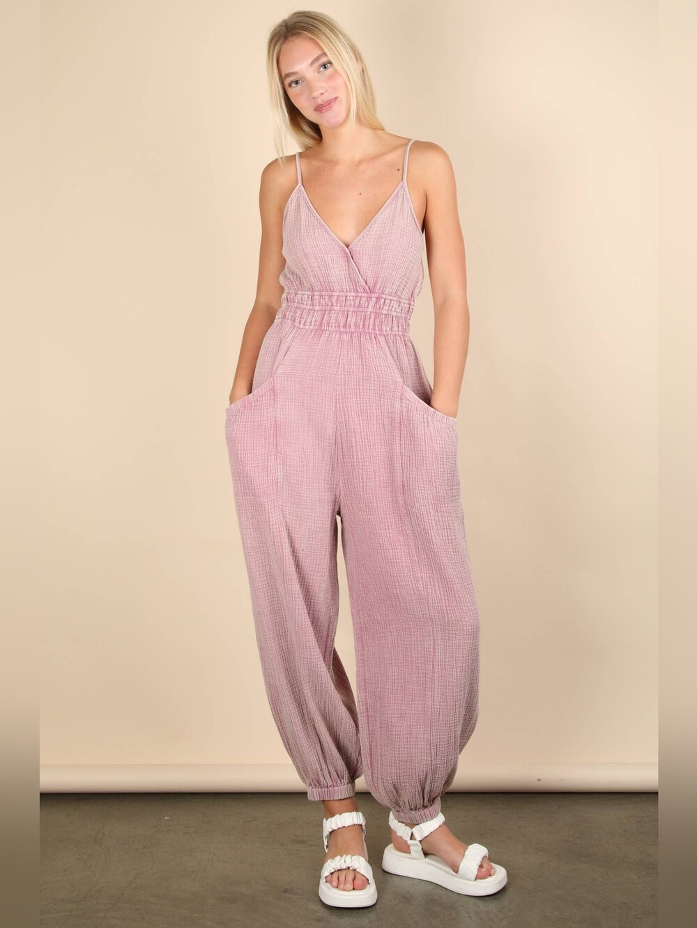 Very J Dusty Mauve Gauze Jumpsuit with Pockets